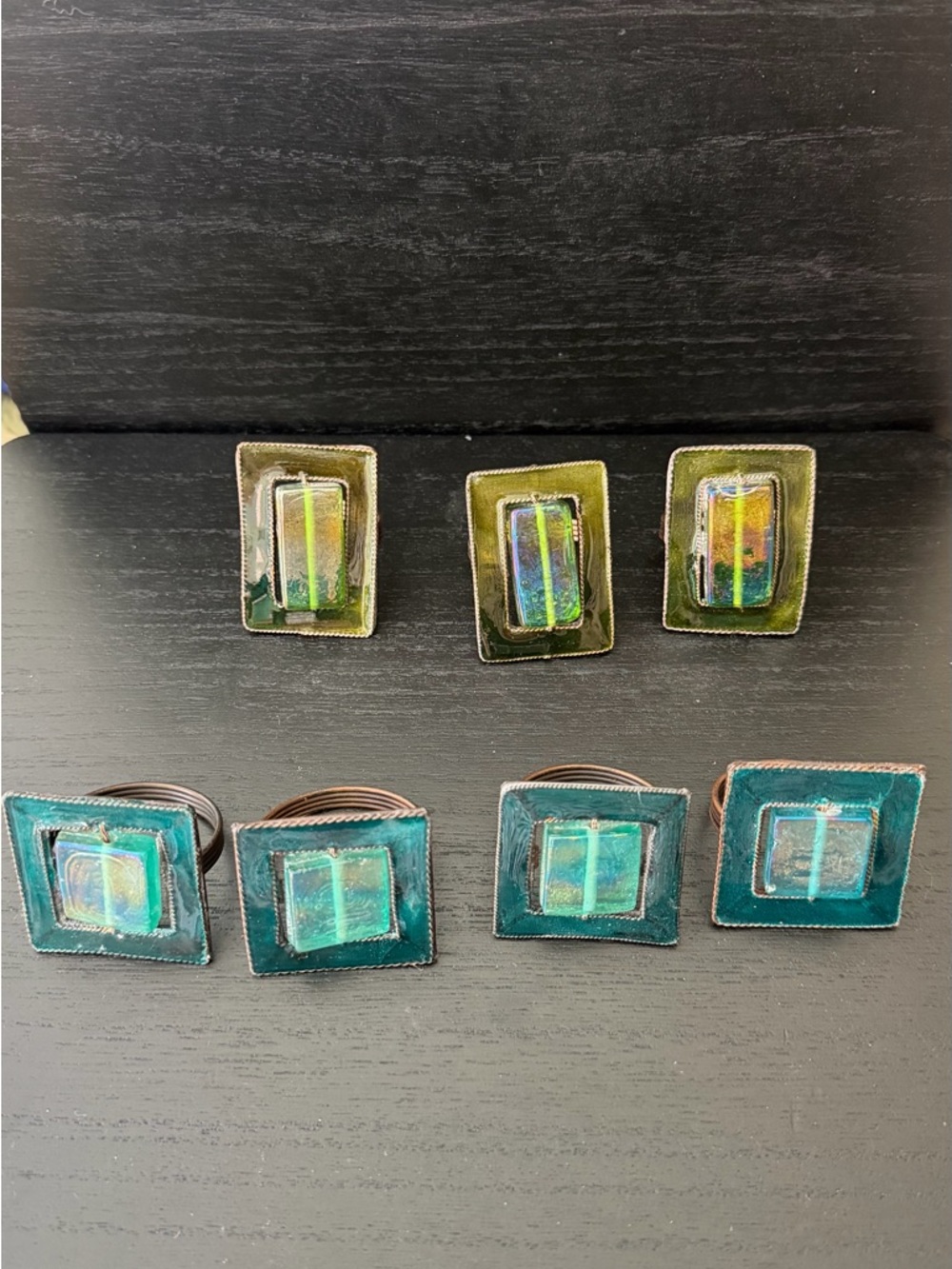Handmade Glass Tile napkin rings Set - Green & Teal 7 assorted